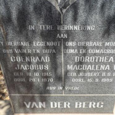 BERG Coenraad Jacobus, van der 1915-1970 &amp; Dorothea Magdalena W.  JOUBERT 1921-1989