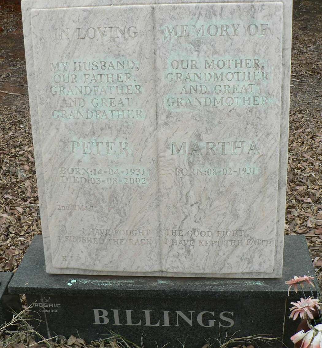 BILLINGS Peter 1931-2002 &amp; Martha 1931-