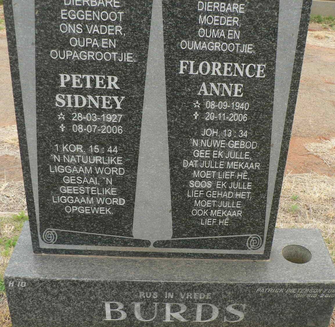BURDS Peter Sydney 1927-2006 &amp; Florence Anne 1940-2006