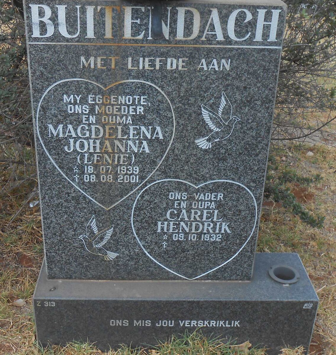 BUITENDACH Carel Hendrik 1932- &amp; Magdelena Johanna 1939-2001