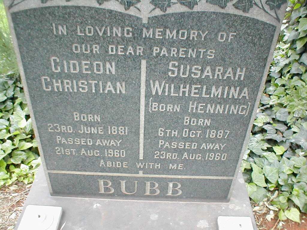 BUBB Gideon Christian 1881-1960 &amp; Susarah Wilhelmina HENNING 1887-1960