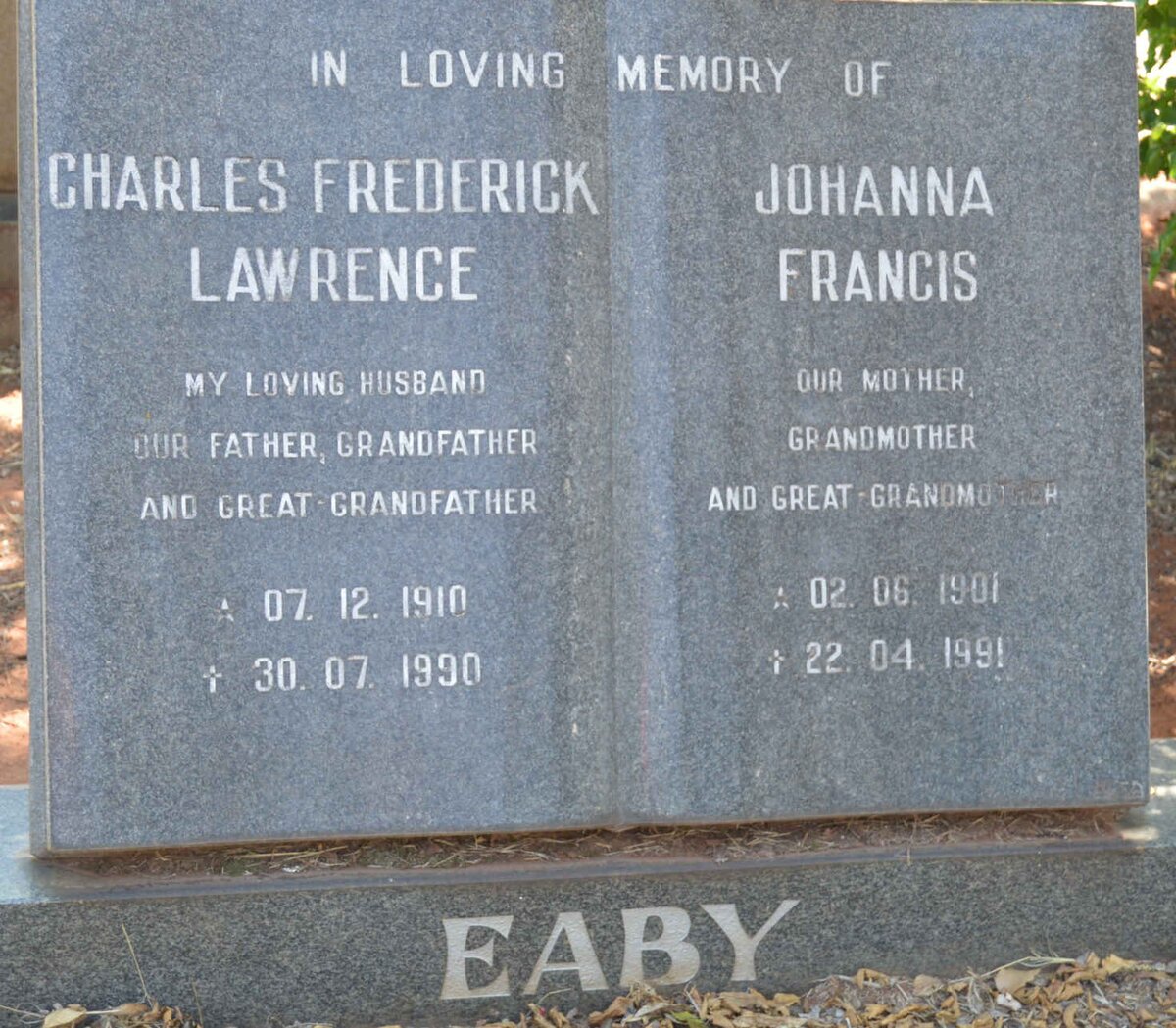 EABY Charles Frederick Lawrence 1910-1990 &amp; Johanna Francis 1901-1991