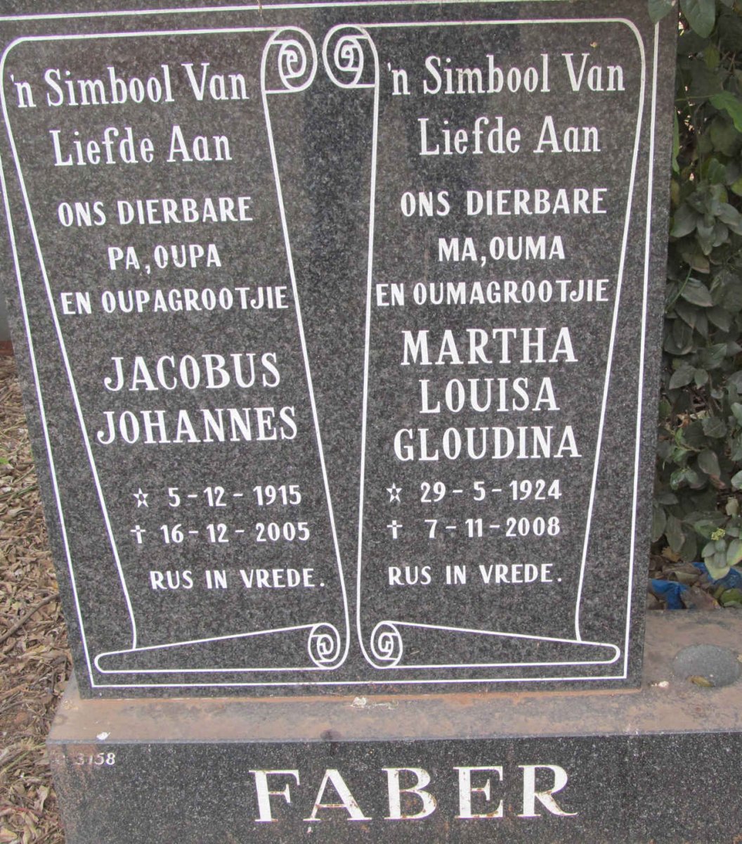 FABER Jacobus Johannes 1915-2005 &amp; Martha Louisa Gloudina 1924-2008
