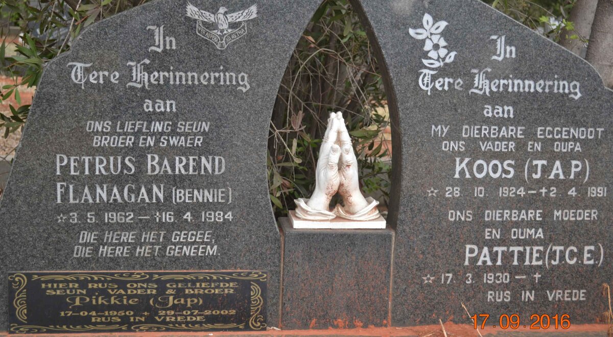 FLANAGAN J.A.P. 1924-1991 &amp; J.C.E. 1930- FLANAGAN Petrus Barend 1962-1984 :: FLANAGAN Pikkie 1950-2002