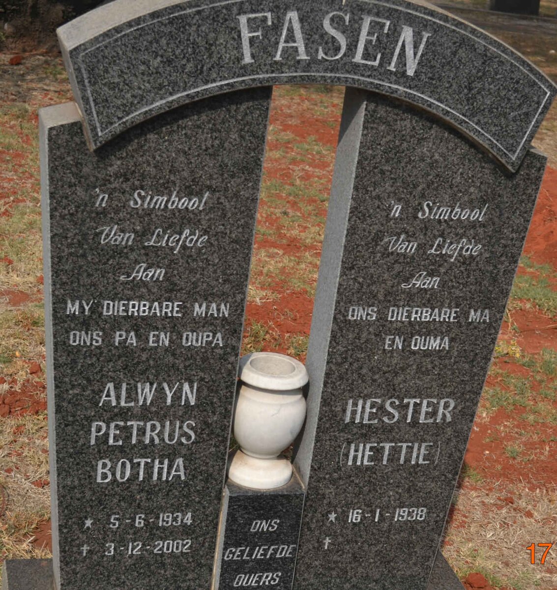 FASEN Alwyn Petrus Botha 1934-2002 &amp; Hester 1938-