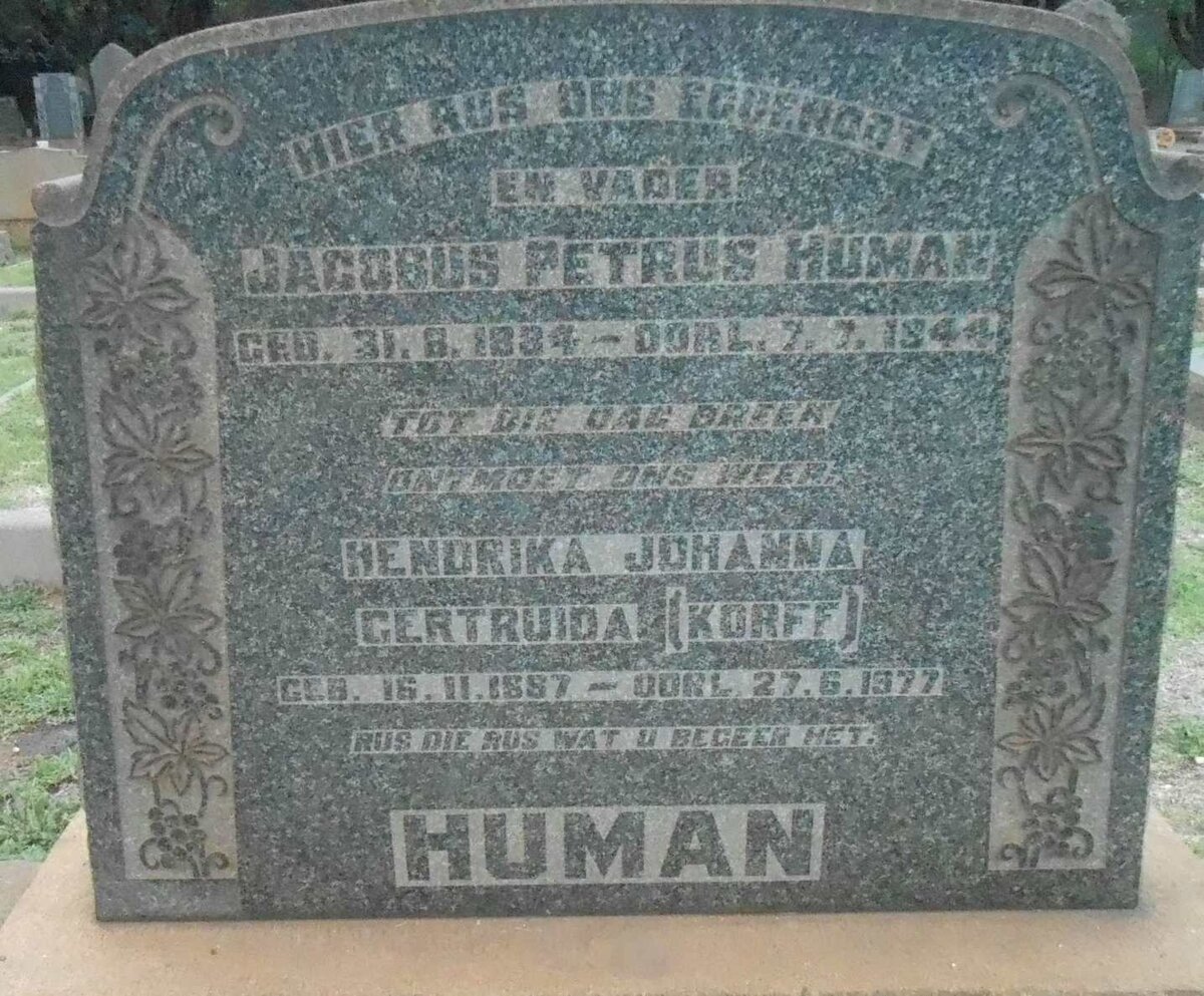 HUMAN Jacobus Petrus 1884-1944 &amp; Hendrika Johanna Gertruida KORFF 1887-1977