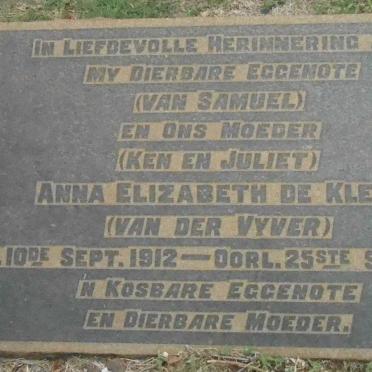 KLERK Anna Elizabeth, de nee V.D. VYVER 1912-1941