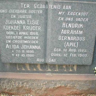 KRUGER Hendrik Abraham Bernardus 1883-1960 &amp; Alida Johanna 1890-1980 :: KRUGER Johanna Elsie   -1966