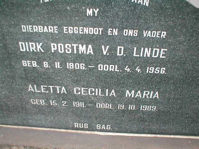 LINDE Dirk Postma, v. d. 1906-1956 &amp; Aletta Cecilia Maria 1911-1989