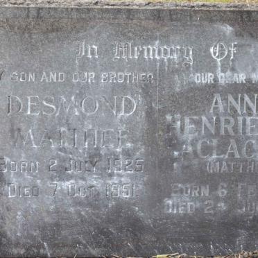 MACLACHLAN Annie Henrietta nee MATTHEE 1903-1989 :: MATTHEE Desmond 1925-1951