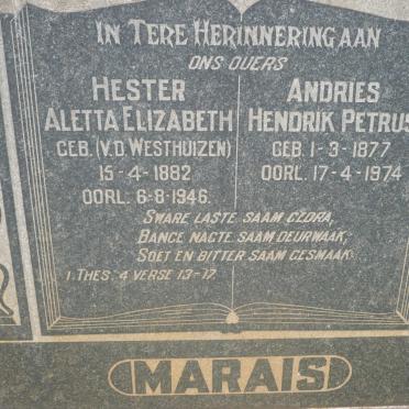 MARAIS Andries Hendrik Petrus 1877-1974 &amp; Hester Aletta Elizabeth V.D. WESTHUIZEN 1882-1946