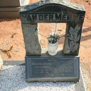 MERWE Magrietha Susanna, van der nee LE GRANGE 1914-1991