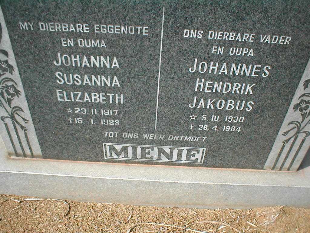 MIENIE Johannes Hendrik Jakobus 1930-1984 &amp; Johanna Susanna Elizabeth 1917-1983