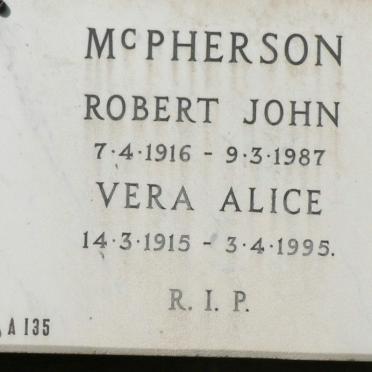 McPHERSON Robert John 1916-1987 &amp; Vera Alice 1915-1995