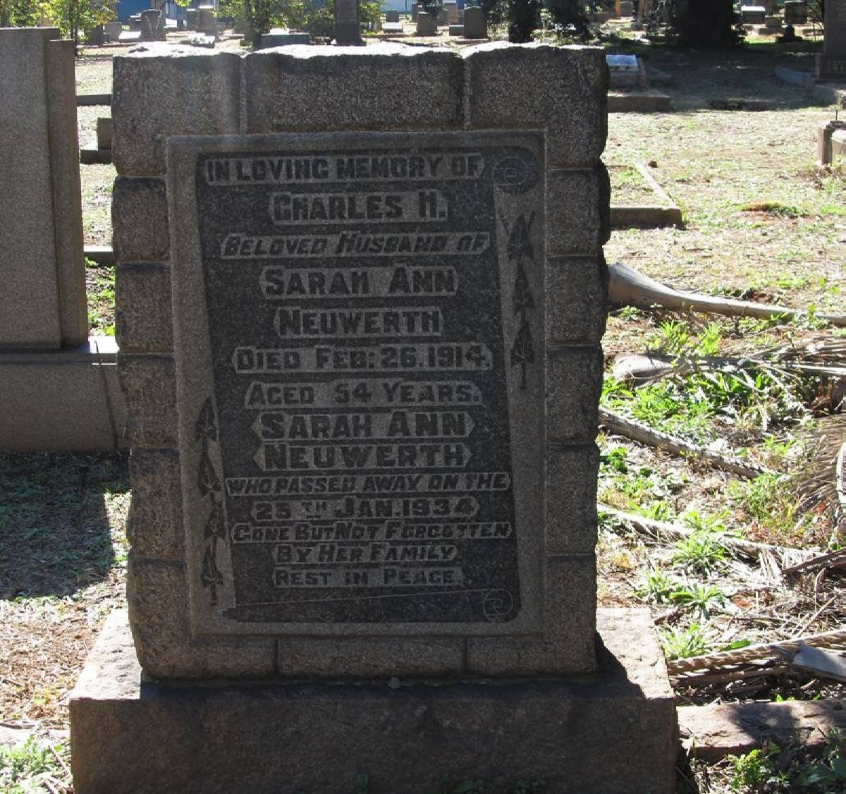 NEUWERTH Charles H. -1914 &amp; Sarah Ann -1934