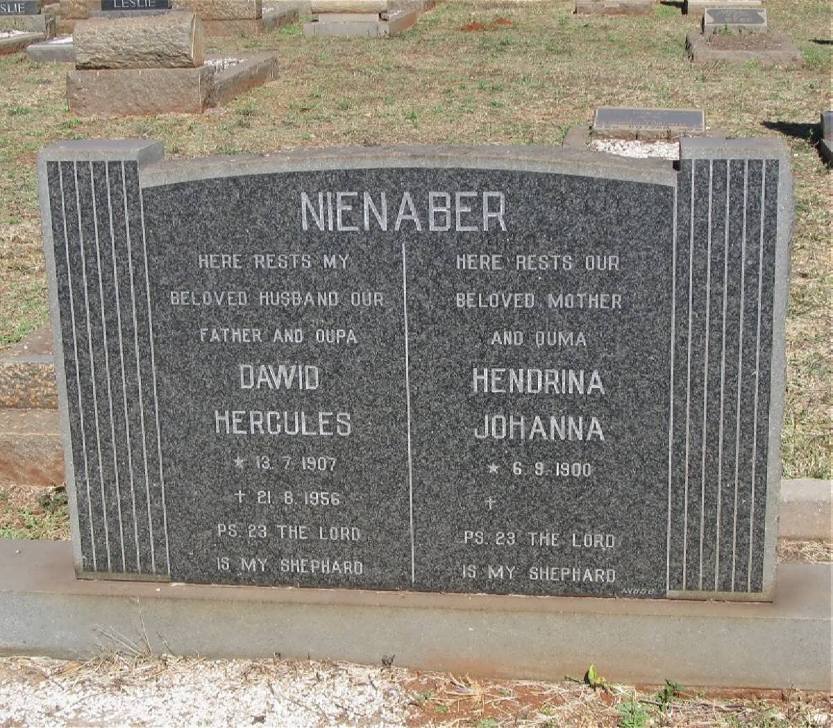 NIENABER Dawid Hercules 1907-1956 &amp; Hendrina Johanna 1900-