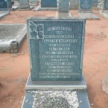 PLESSIS Alletta A., du nee SCHOEMAN 1889-1943 :: DU PLESSIS Stephanus Botes 1933-1944