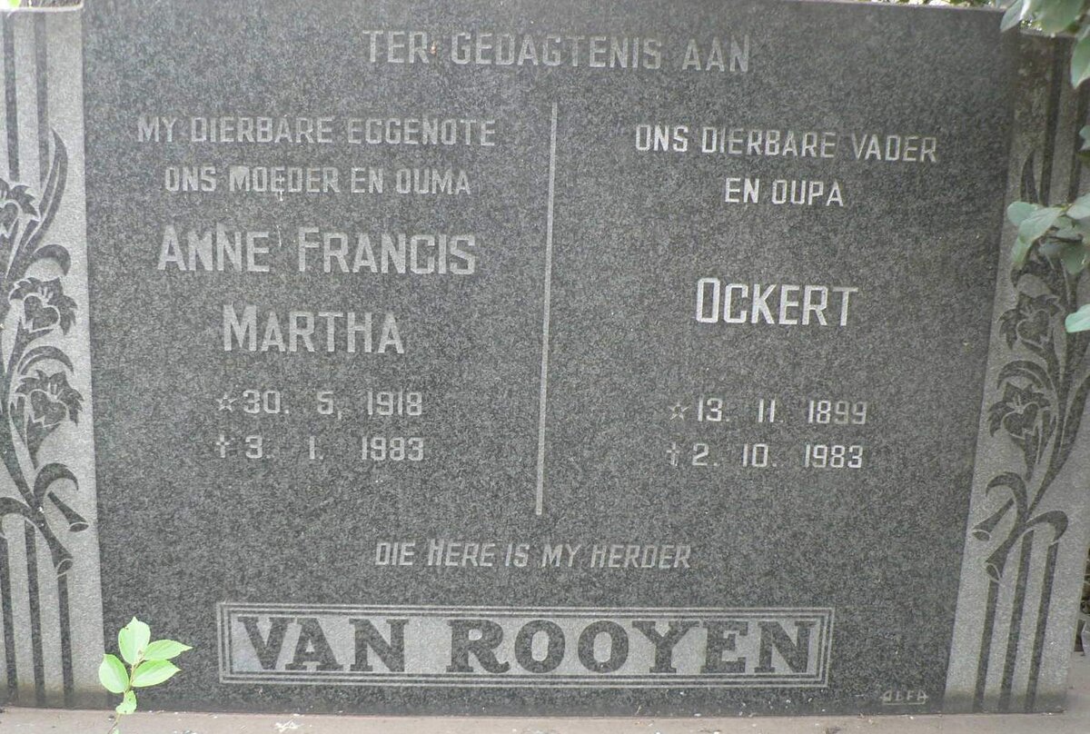ROOYEN Ockert, van 1899-1983 &amp; Anne Francis Martha 1918-1983