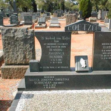 SCHOEMAN Aletta Johanna Christina nee SMIT 1872-1950 :: COETZEE Henning Johannes Hendrik 1911-1976 &amp; Martie 191?-1996