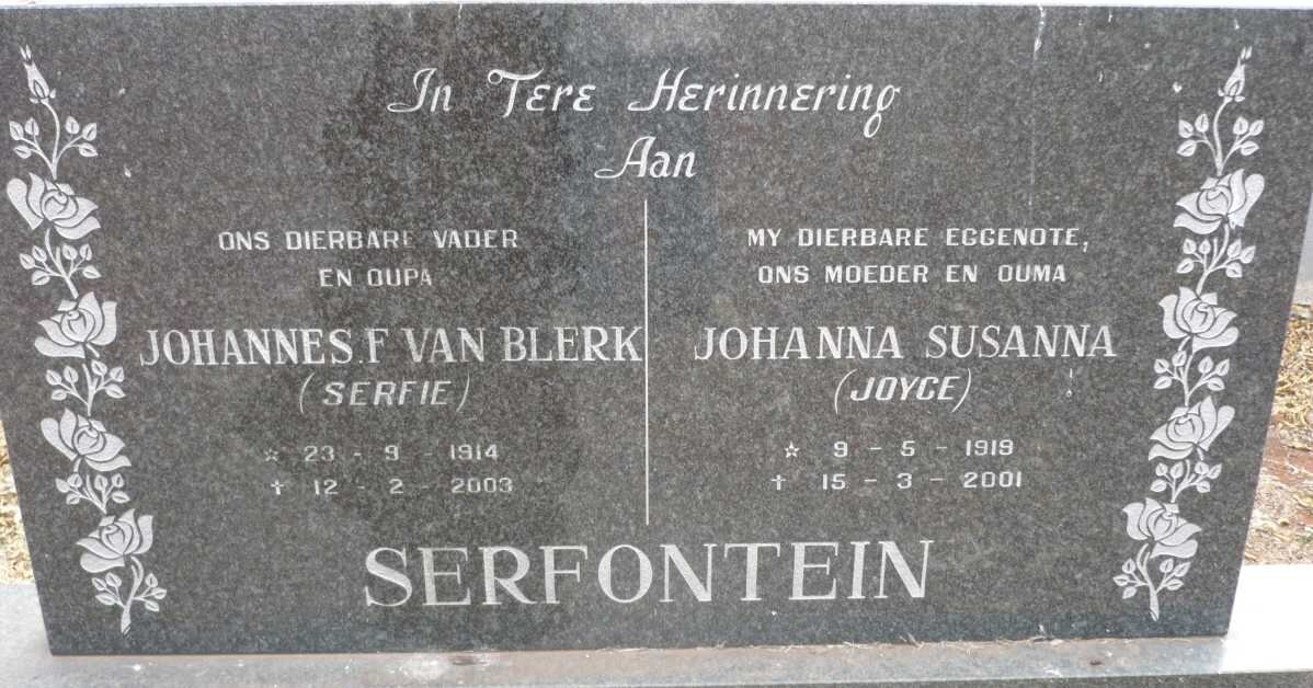 SERFONTEIN Johannes F. van Blerk 1914-2003 &amp; Johanna Susanna 1919-2001