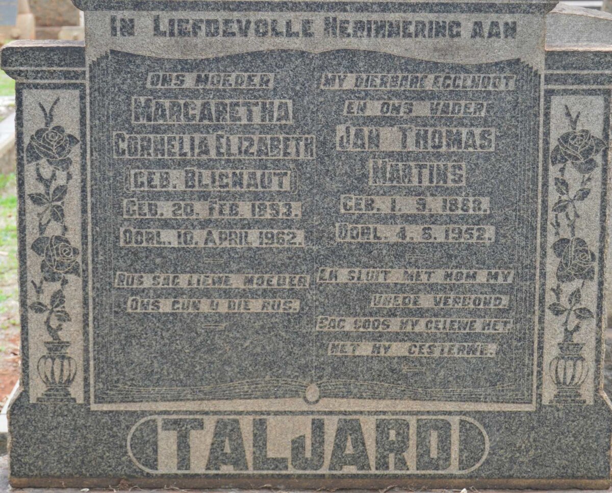 TALJARD Jan Thomas Martins 1888-1952 &amp; Margaretha Cornelia Elizabeth BLIGNAUT 1893-1962