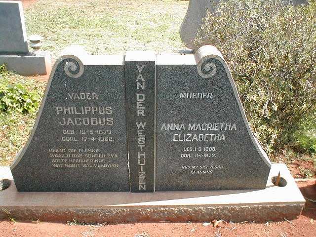 WESTHUIZEN Philippus Jacobus, van der 1879-1962 &amp; Anna Magrietha Elizabetha 1888-1973