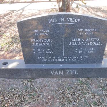ZYL Franscois Johannes, van 1910-2000 &amp; Maria Aletta Susanna 1915-1997