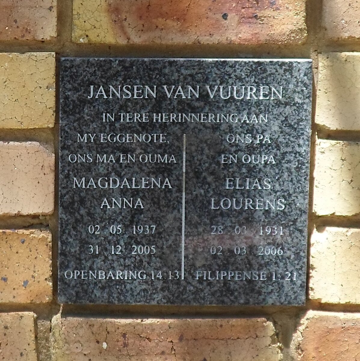 VUUREN Elias Lourens, Jansen van 1931-2006 &amp; Magdalena Anna 1937-2005