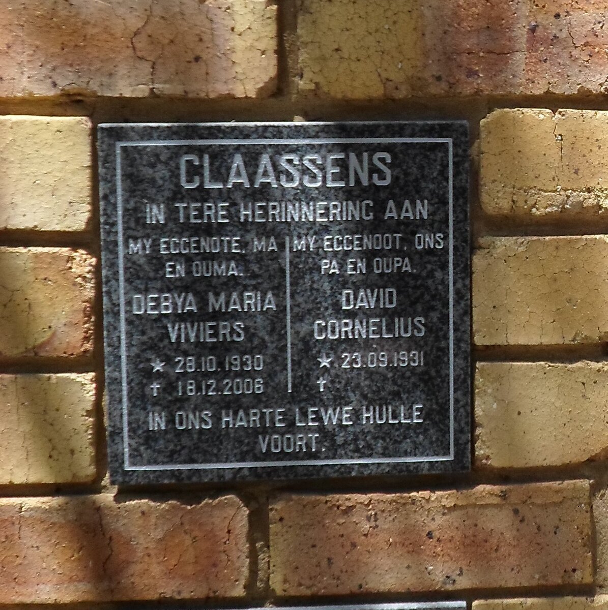 CLAASSENS David Cornelius 1931- &amp; Debya Maria VIVIERS 1930-2006