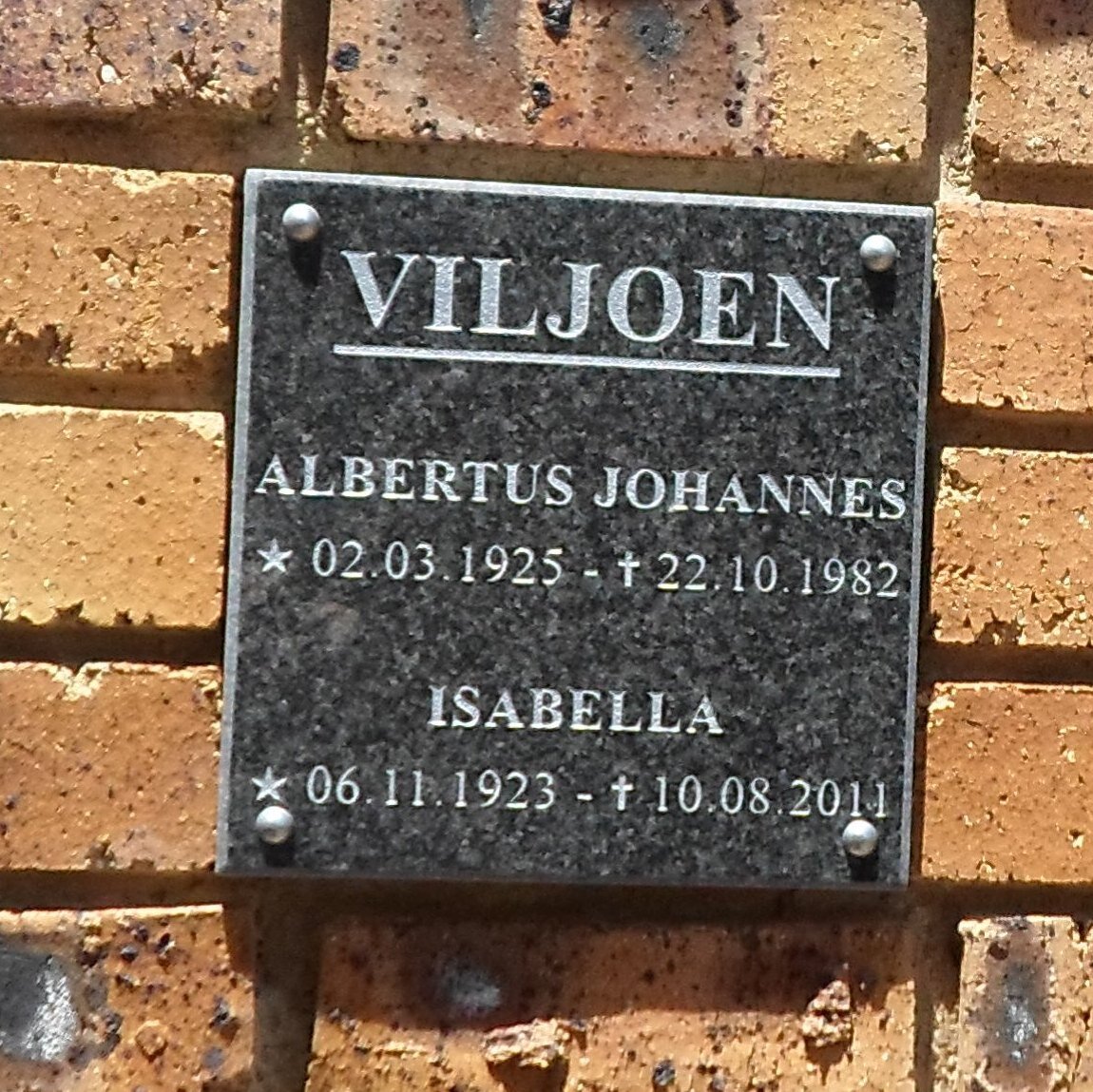 VILJOEN Albertus Johannes 1925-1982 &amp; Isabella 1923-2011