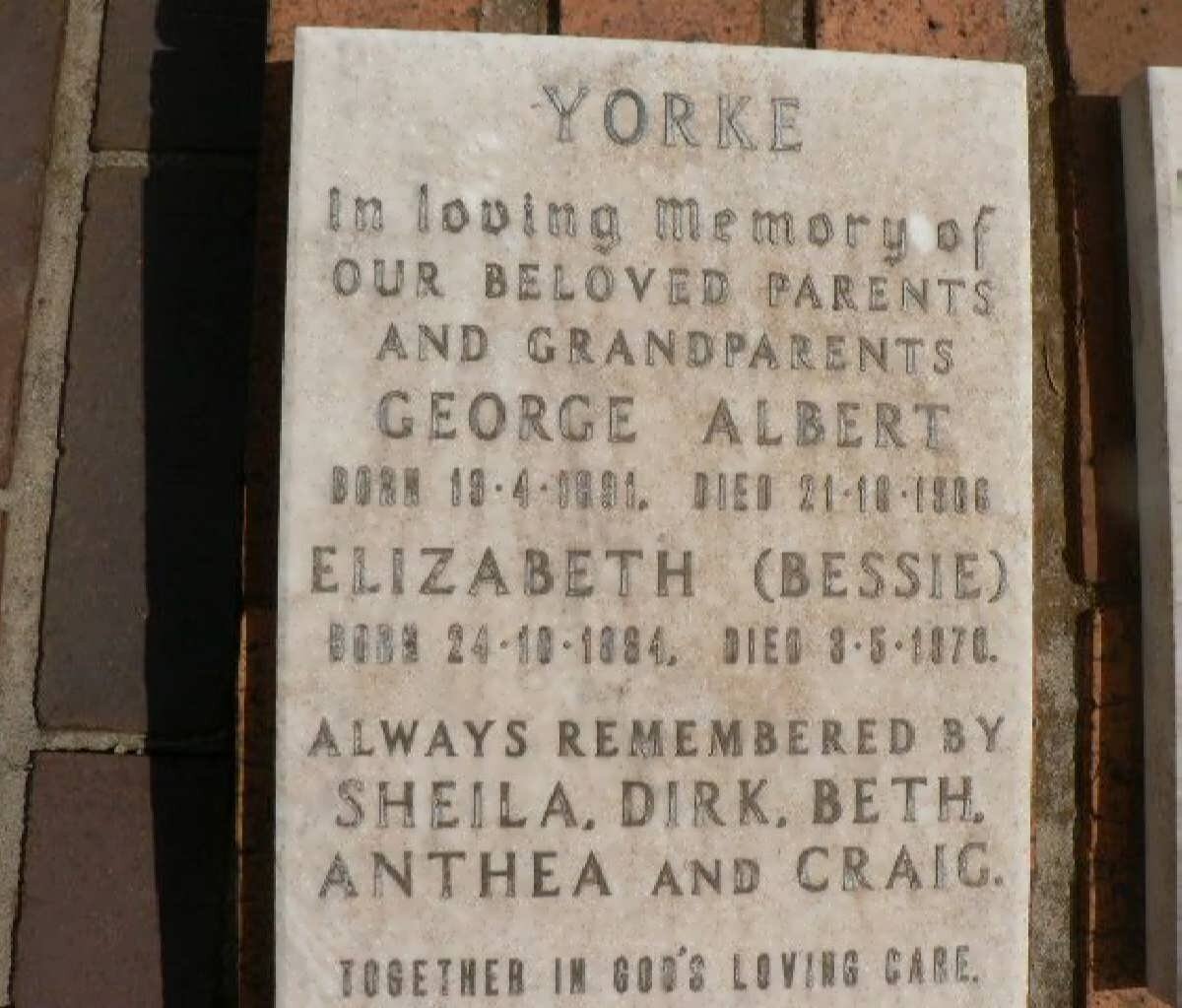 YORKE George Albert 1891-1966 &amp; Elizabeth 1894-1970
