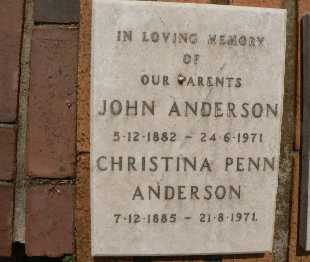 ANDERSON John Anderson 1882-1971 &amp; Christina Penn 1885-1971