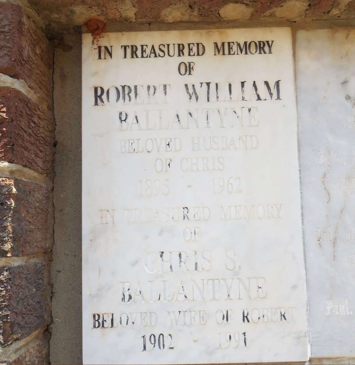 BALLANTYNE Robert William 1895-1962 &amp; Chris S. 1902-1991