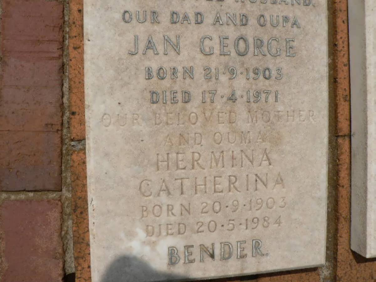 BENDER Jan George 1903-1971 &amp; Hermina Catherina 1903-1984