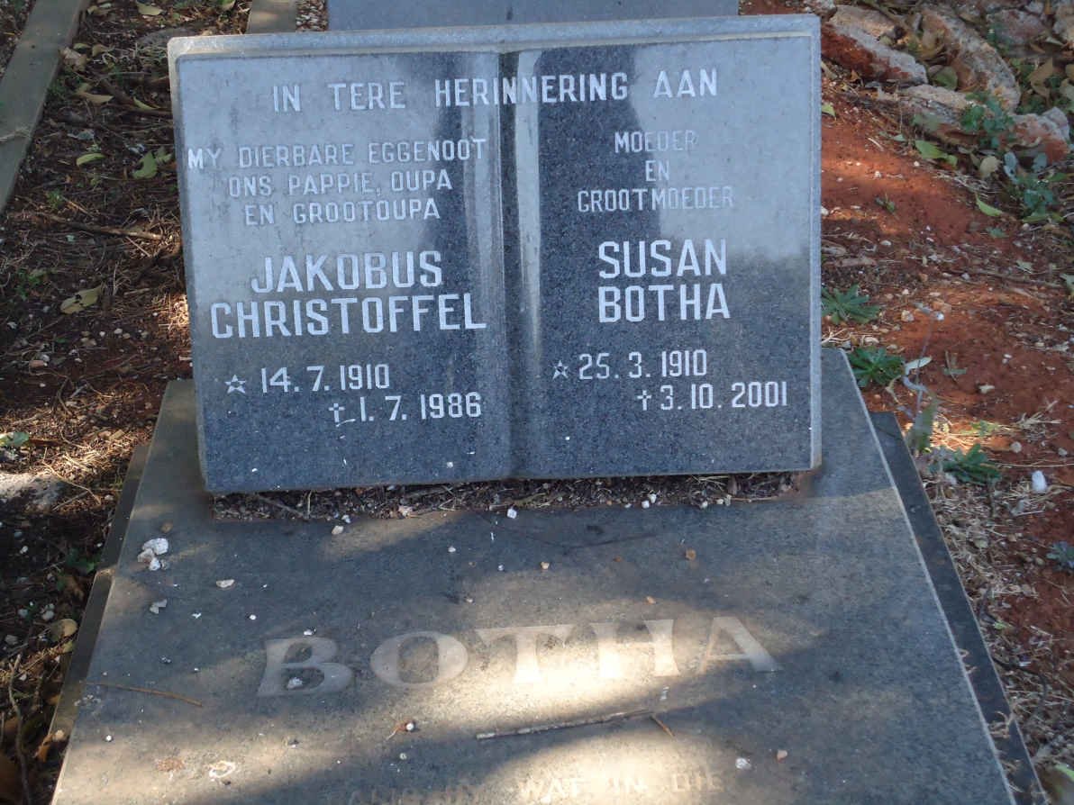 BOTHA Jakobus Christoffel 1910-1986 &amp; Susan 1910-2001