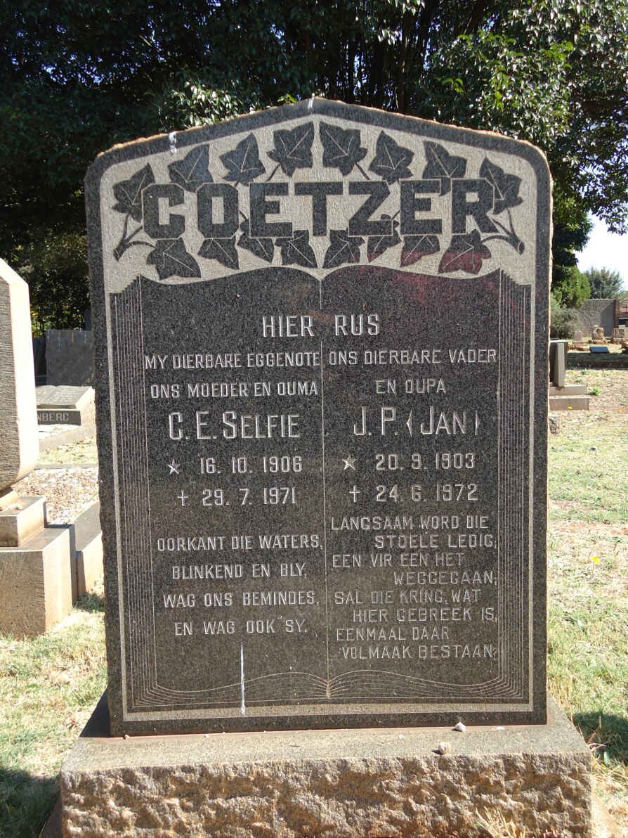 COETZER J.P 1903-1972 &amp; C.E. Selfie 1906-1971