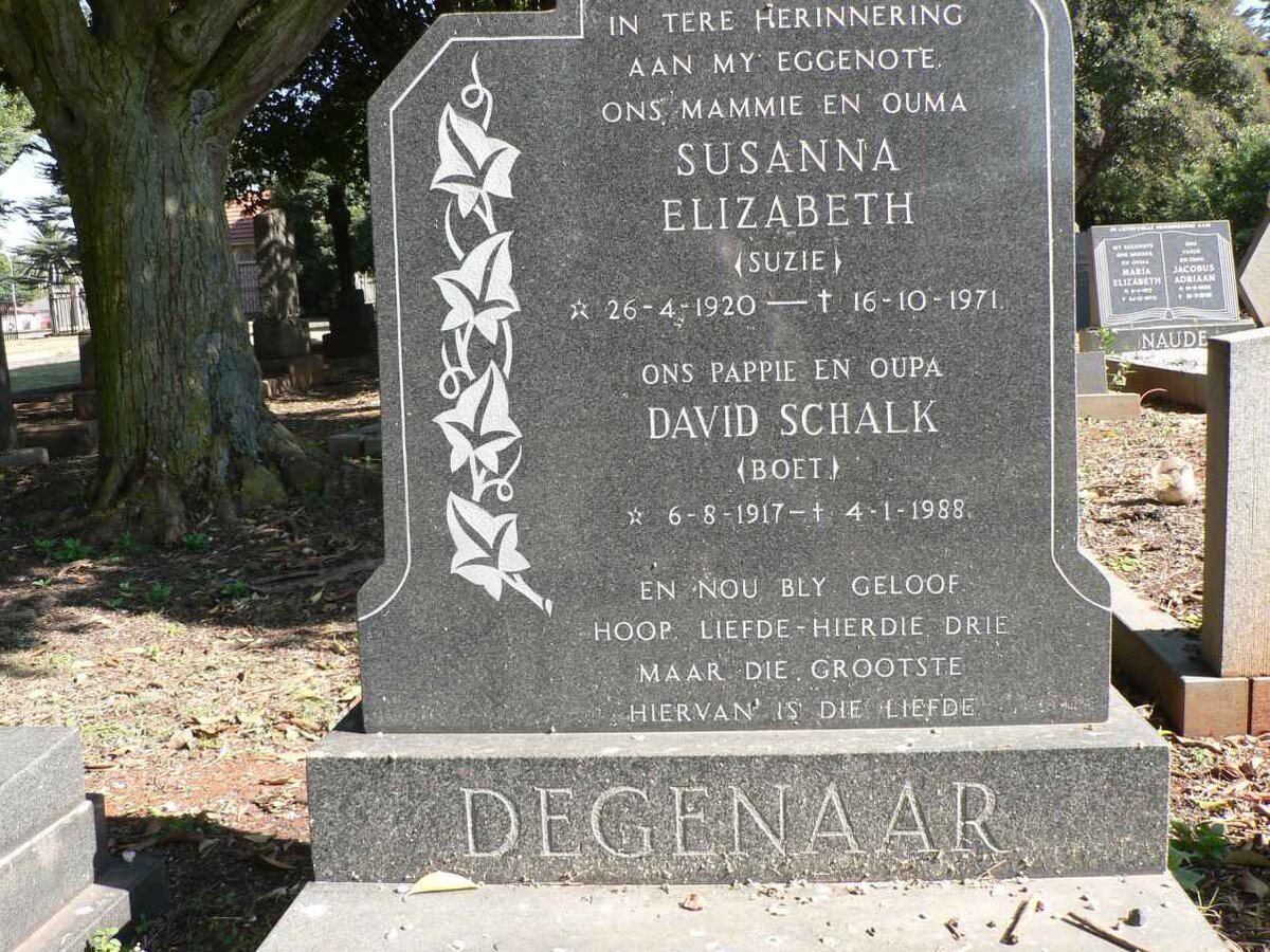 DEGENAAR David Schalk 1917-1988 &amp; Susanna Elizabeth 1920-1971