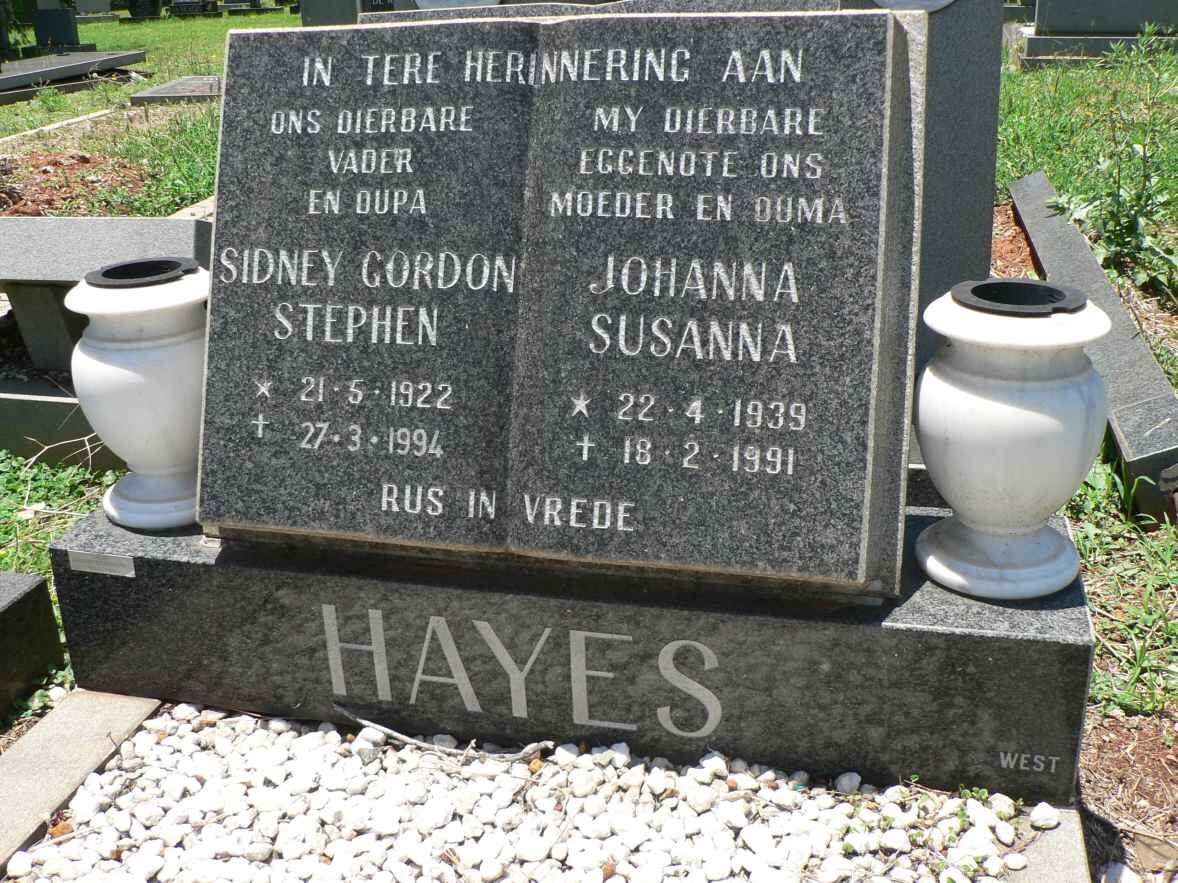 HAYES Sidney Gordon Stephen 1922-1994 &amp; Johanna Susanna 1939-1991