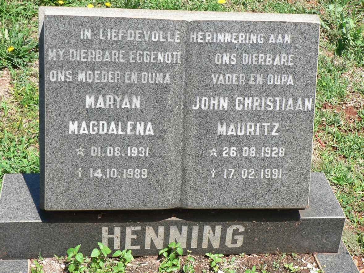 HENNING John Christiaan Mauritz 1928-1991 &amp; Maryan Magdalena 1931-1989
