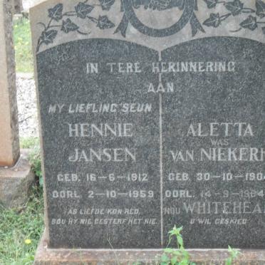JANSEN Hennie 1912-1959 :: WHITEHEAD Aletta voorheen VAN NIEKERK 1904-1964