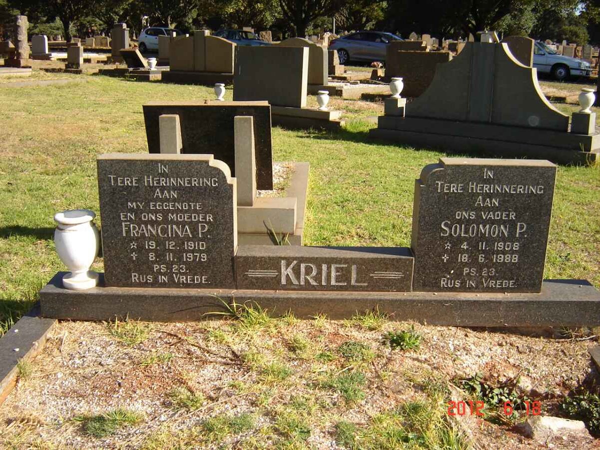 KRIEL Solomon P. 1908-1988 &amp; Francina P. 1910-1979