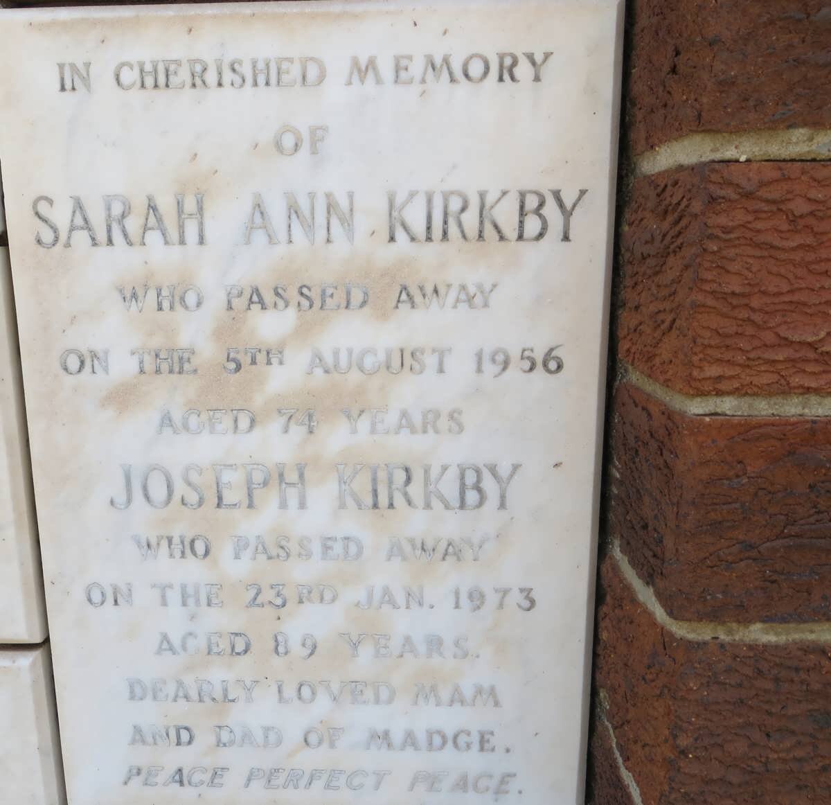 KIRKBY Joseph -1973 &amp; Sarah Ann -1956