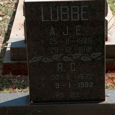 LUBBE A.J.E 1928-1981 &amp; R.G. 1922-1992