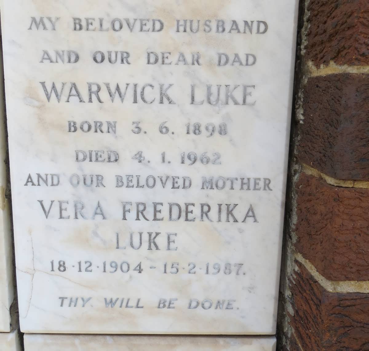 LUKE Warwick 1898-1962 &amp; Vera Frederika 1904-1987