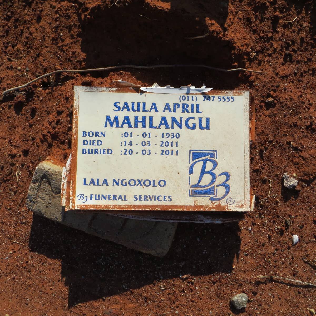 MAHLANGU Saula April 1930-2011