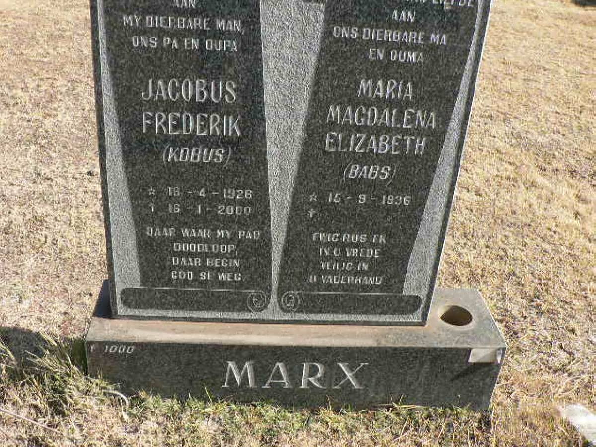 MARX Jacobus Frederik 1926-2000 &amp; Maria Magdalena Elizabeth 1936-
