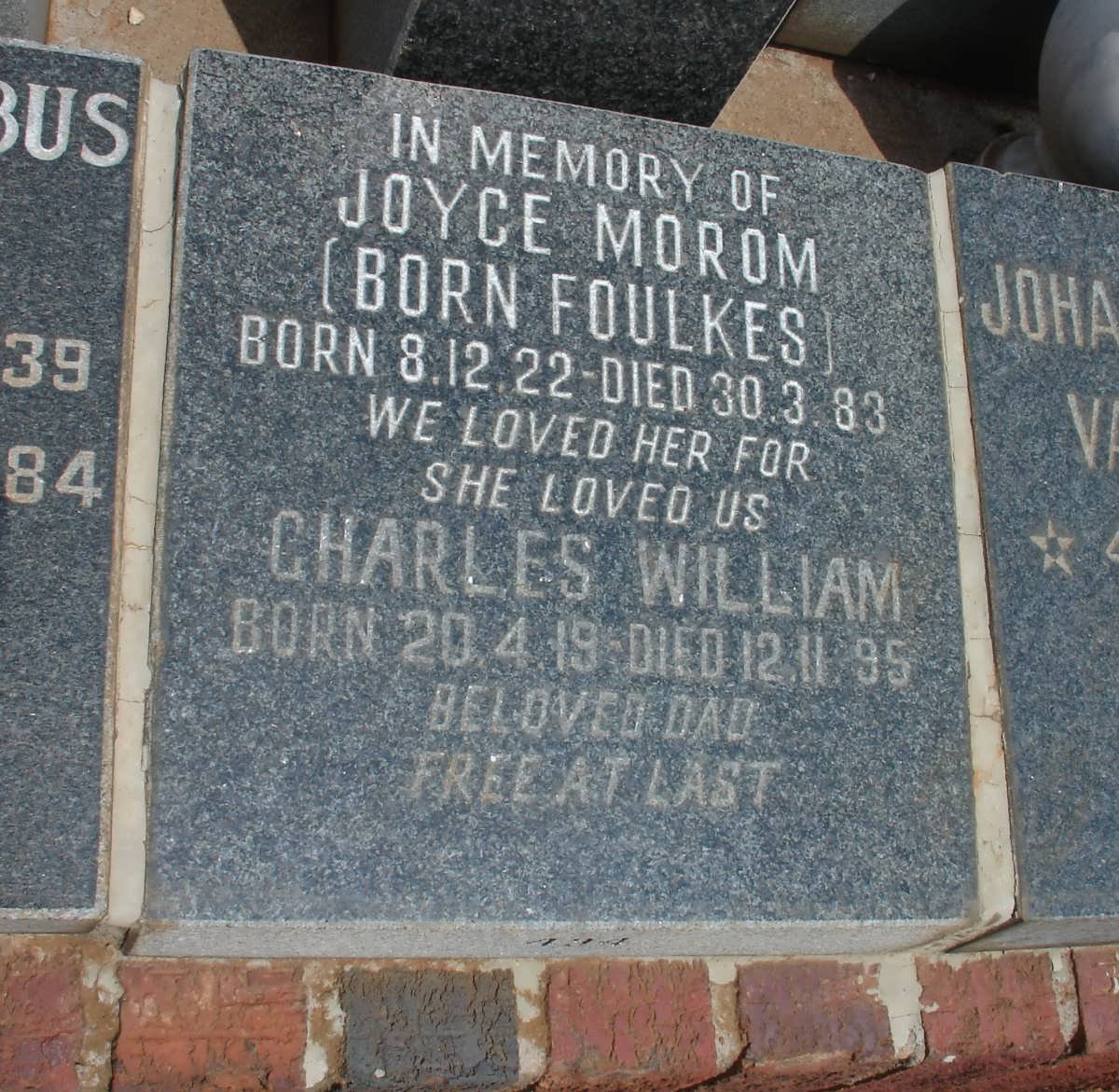 MOROM Charles William 1919-1995 &amp; Joyce FOULKES 1922-1983