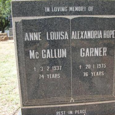 McCALLUM Anne Louisa -1937 :: GARNER Alexandria Hope -1975