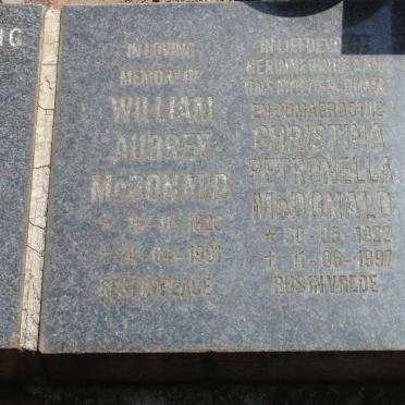 McDONALD William Aubrey 1925-1991 &amp; Christina Petronella 1922-1997