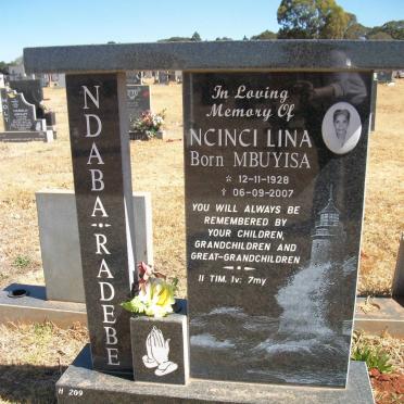 NDABA RADEBE Ncinci Lina born MBUYISA 1928-2007